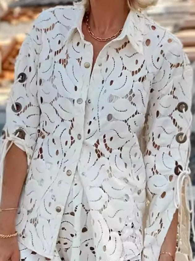 White leaves lace fabric set of 2 shirt and shorts pants