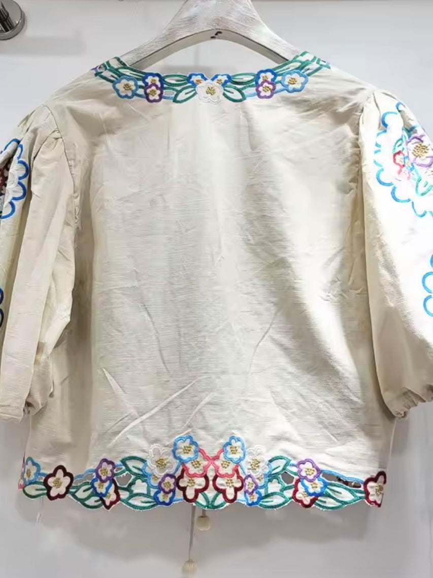 Beige floral embroidered tide front closure shirt