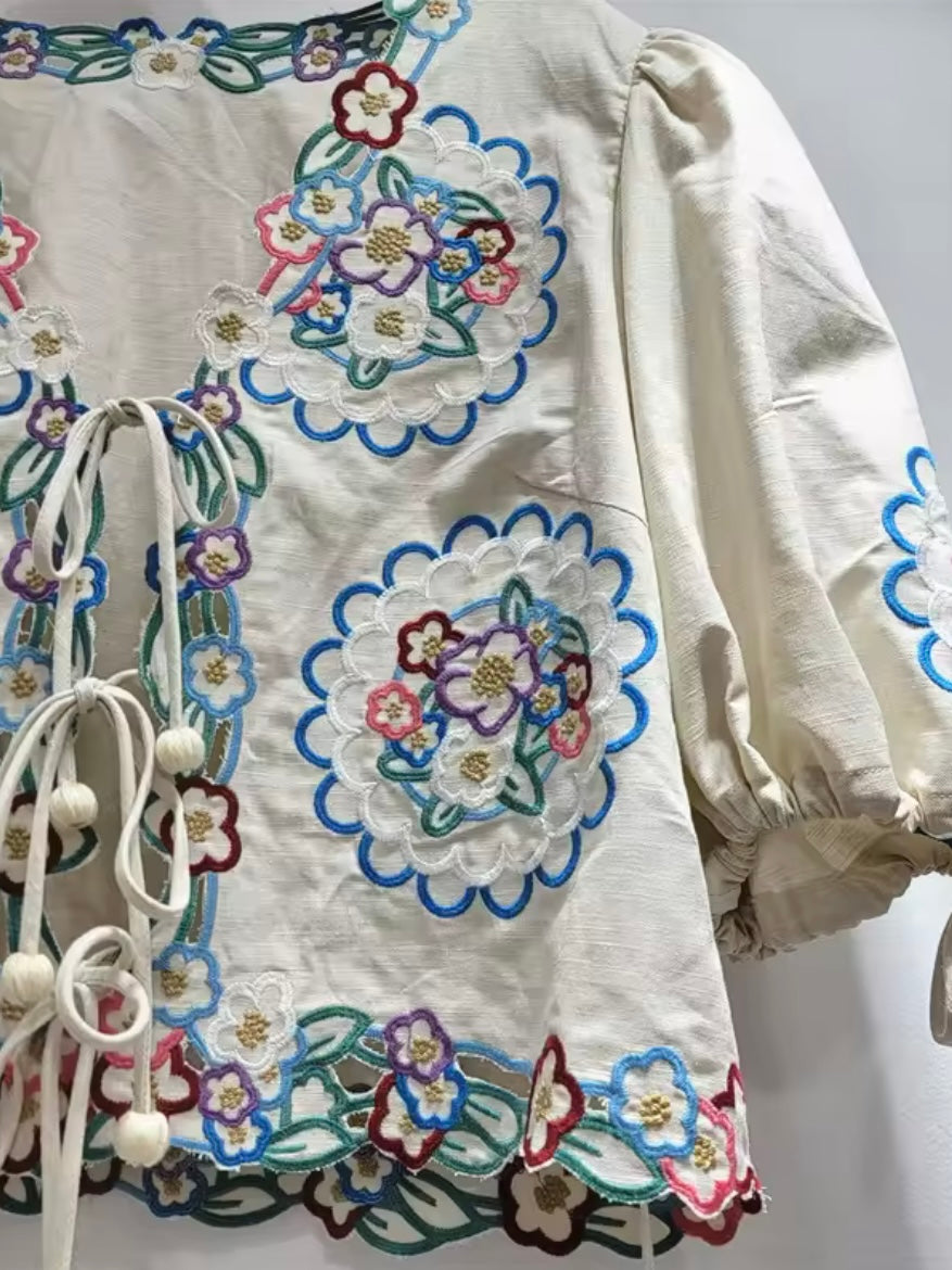 Beige floral embroidered tide front closure shirt