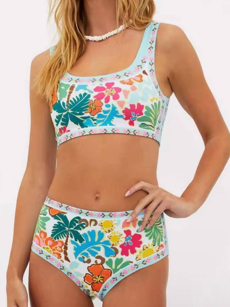 Light blue palms and flowers printed top / bottom bikini