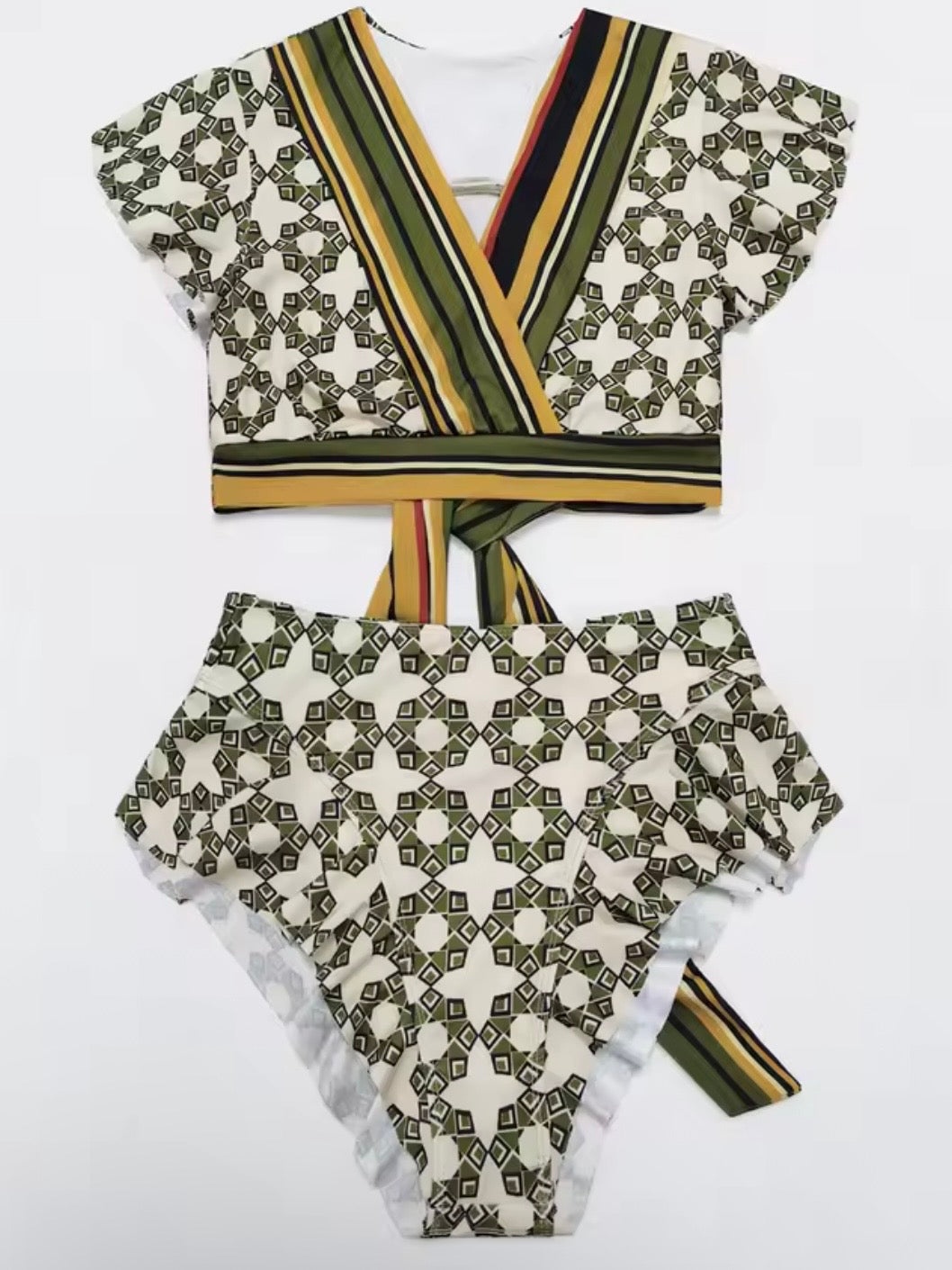 Beige and green pattern V-neck high waisted top / bottom bikini