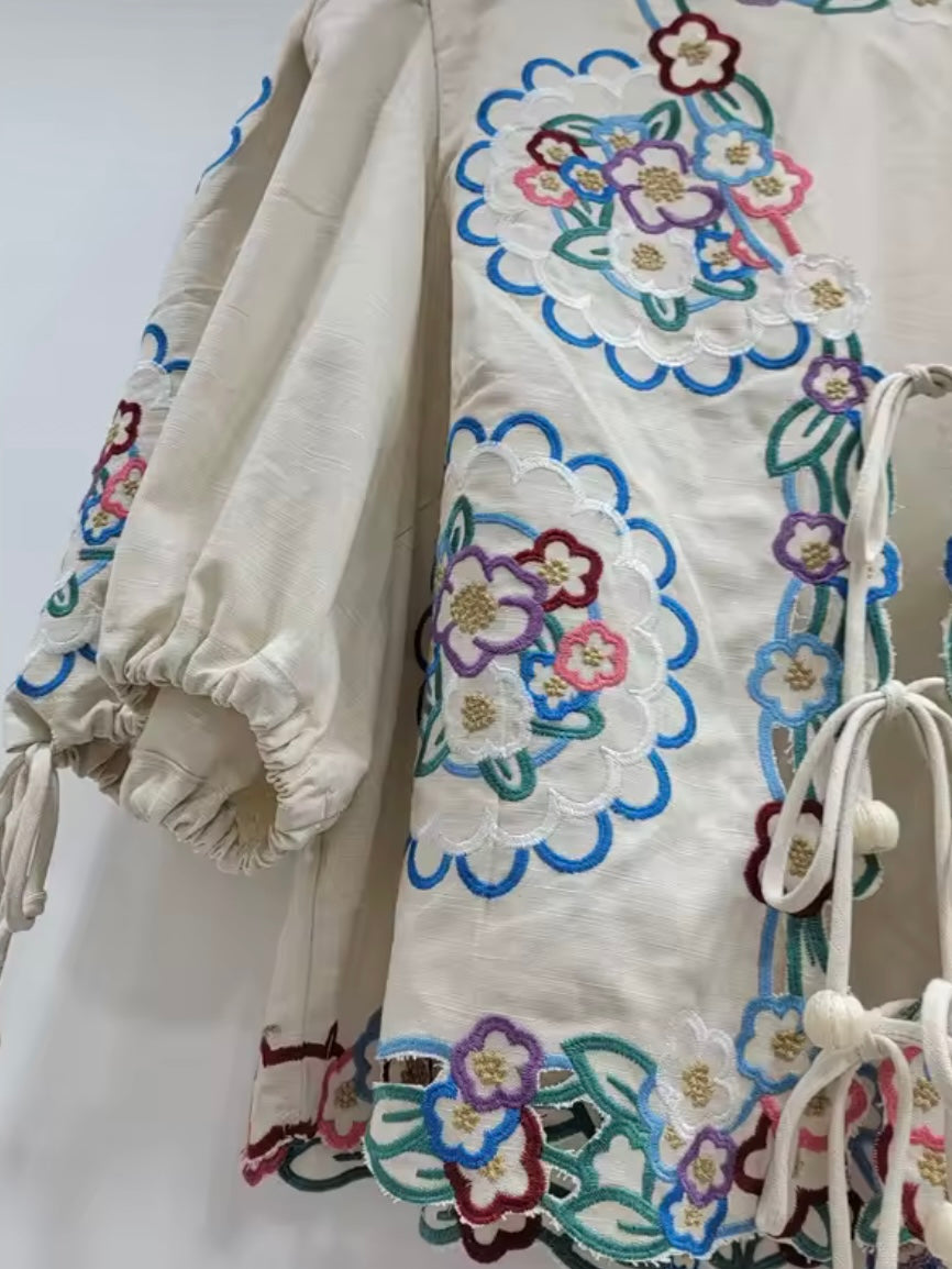 Beige floral embroidered tide front closure shirt