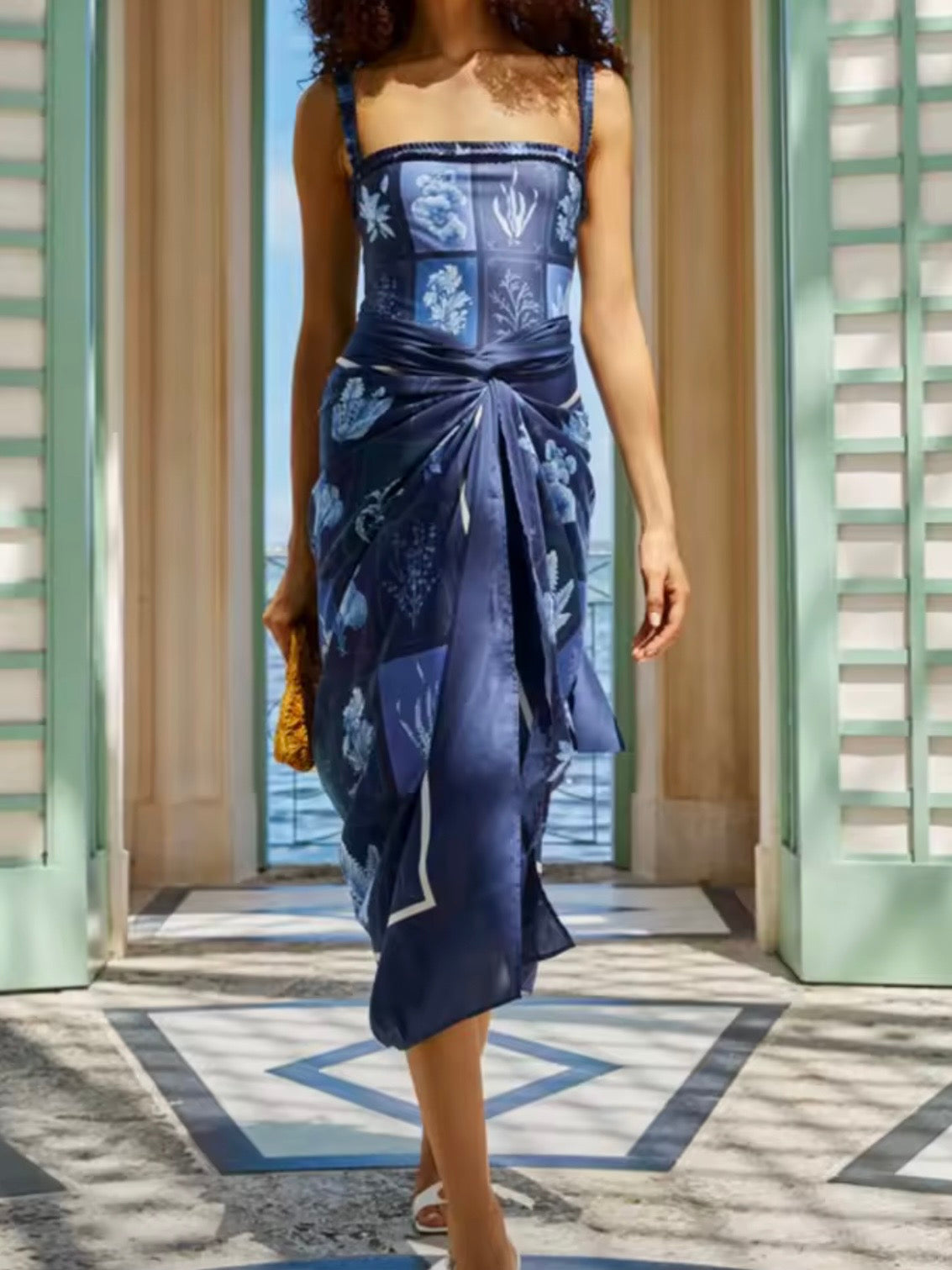 Blue printed fabric set of 2 bikini and maxi skirt