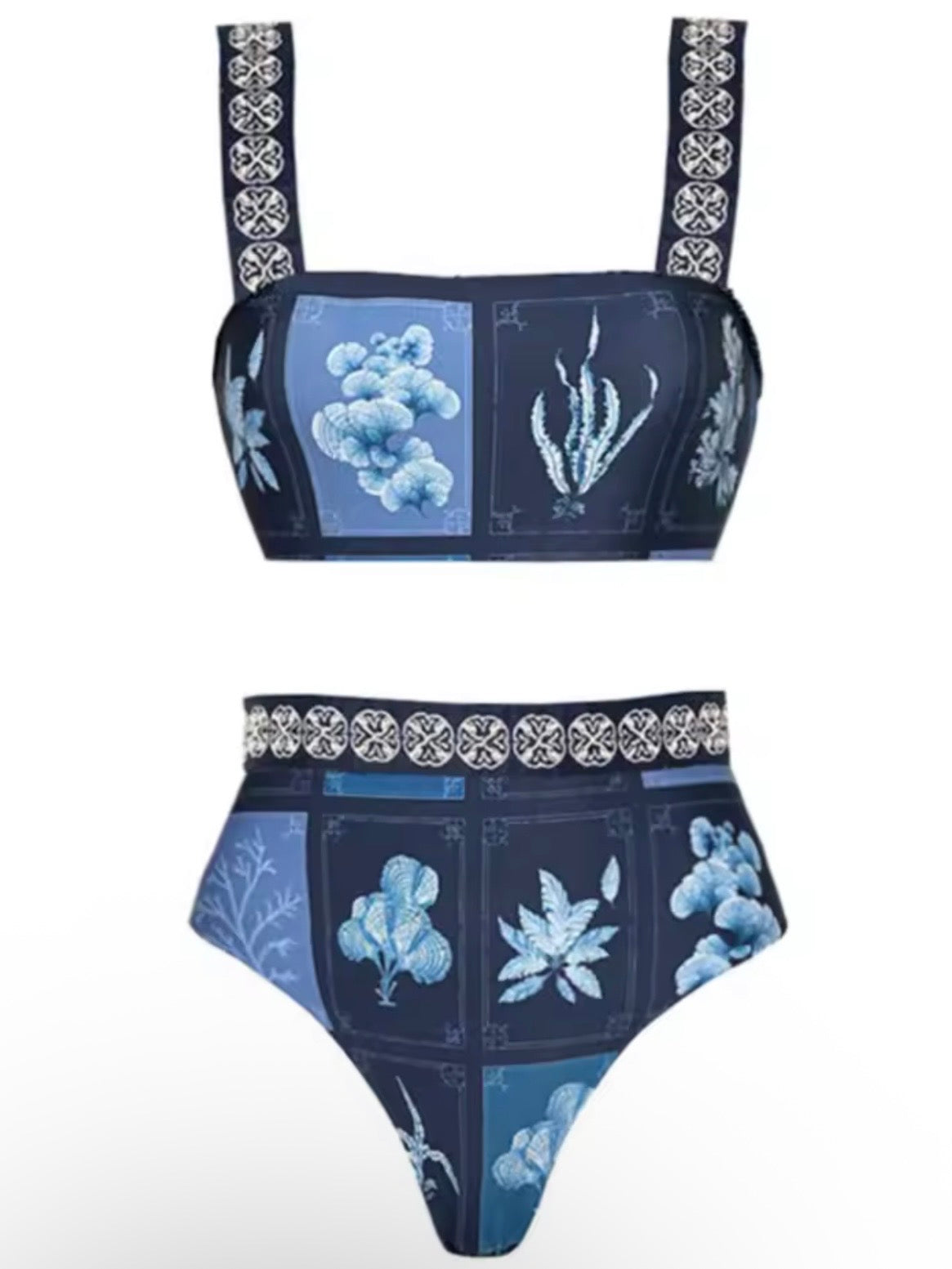 Blue printed fabric set of 2 bikini and maxi skirt
