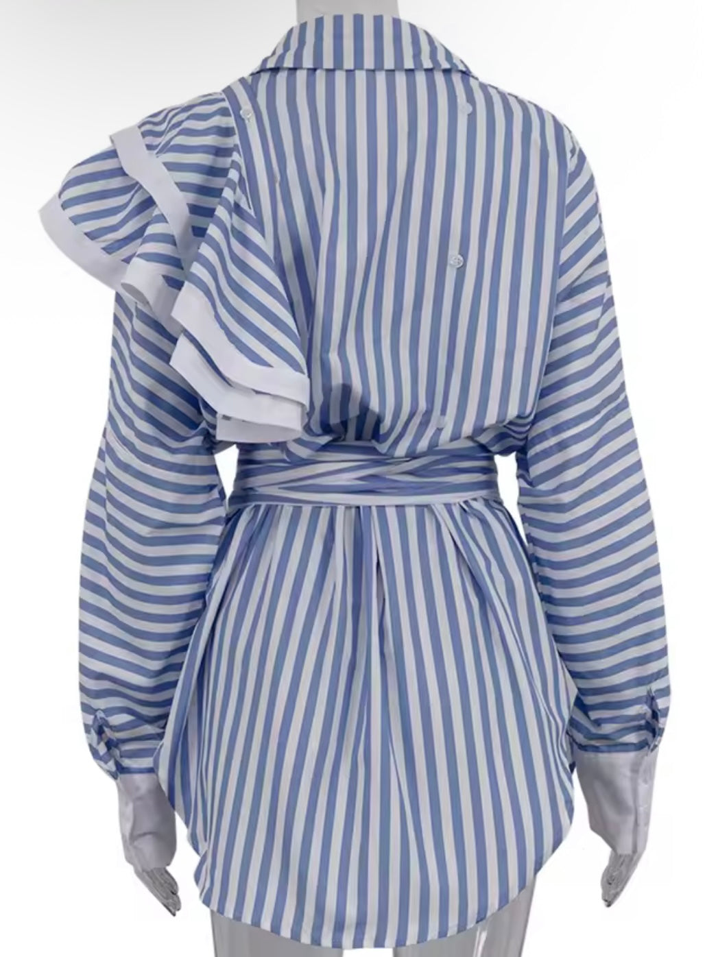 Light blue striped one shoulder ruffled midi dress