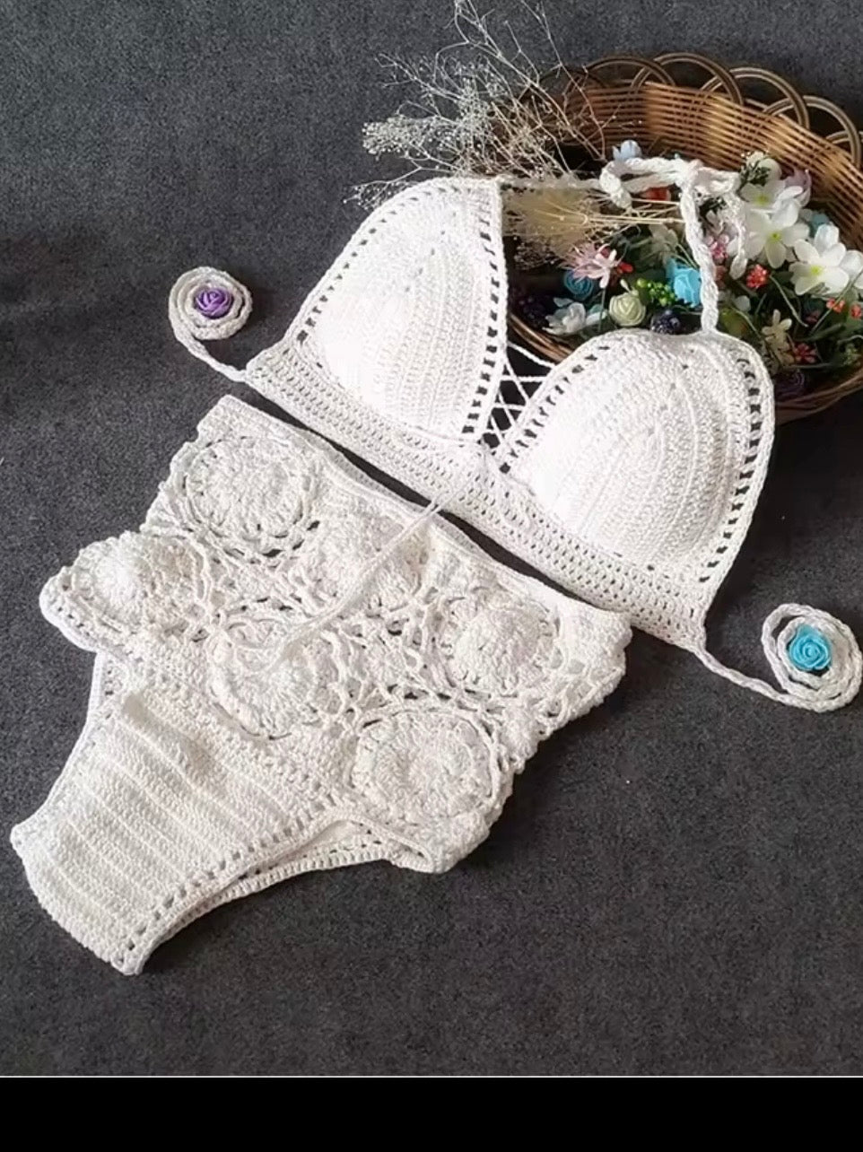 Solid colors crochet straps triangle top and bottom swimwear