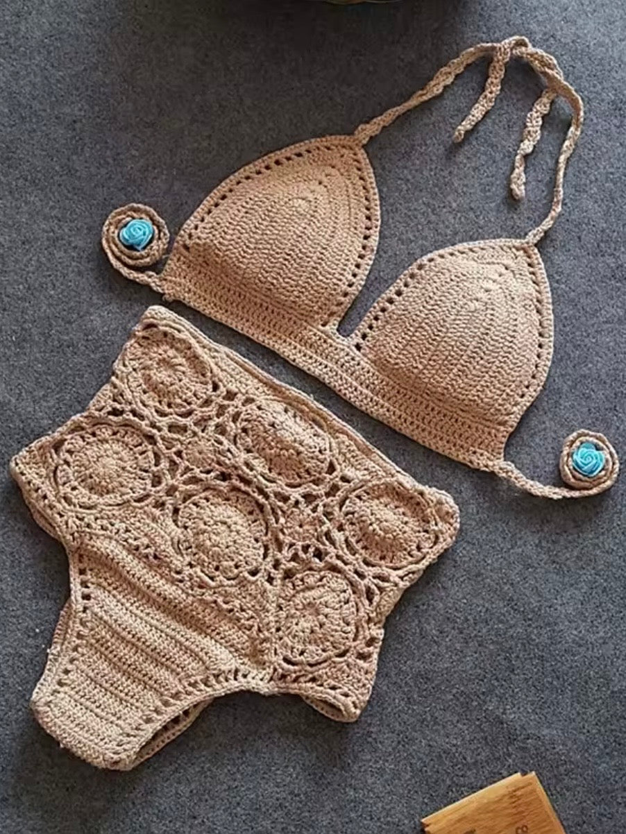 Solid colors crochet straps triangle top and bottom swimwear