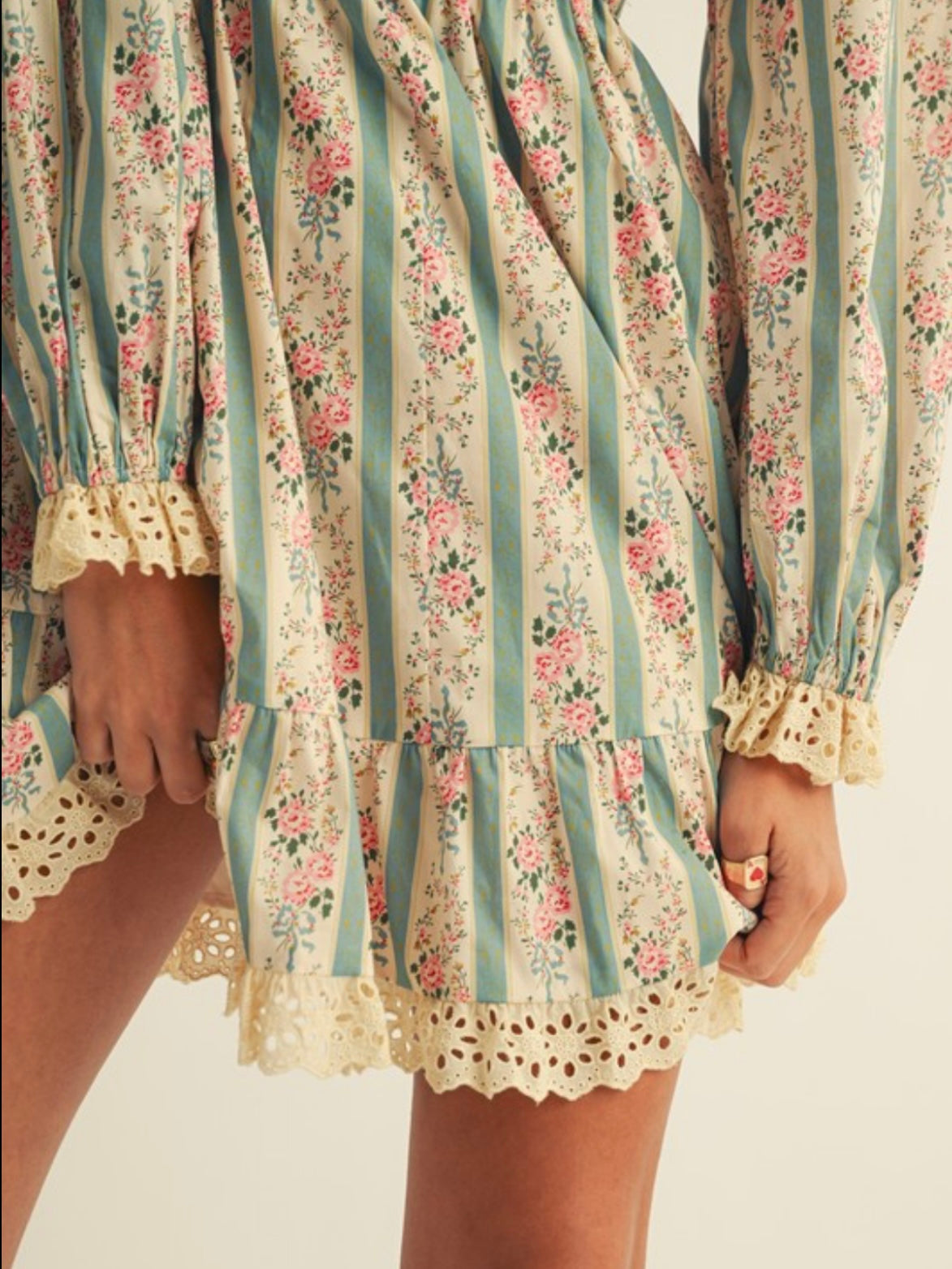 Beige and light blue striped floral printed long sleeves short mini dress