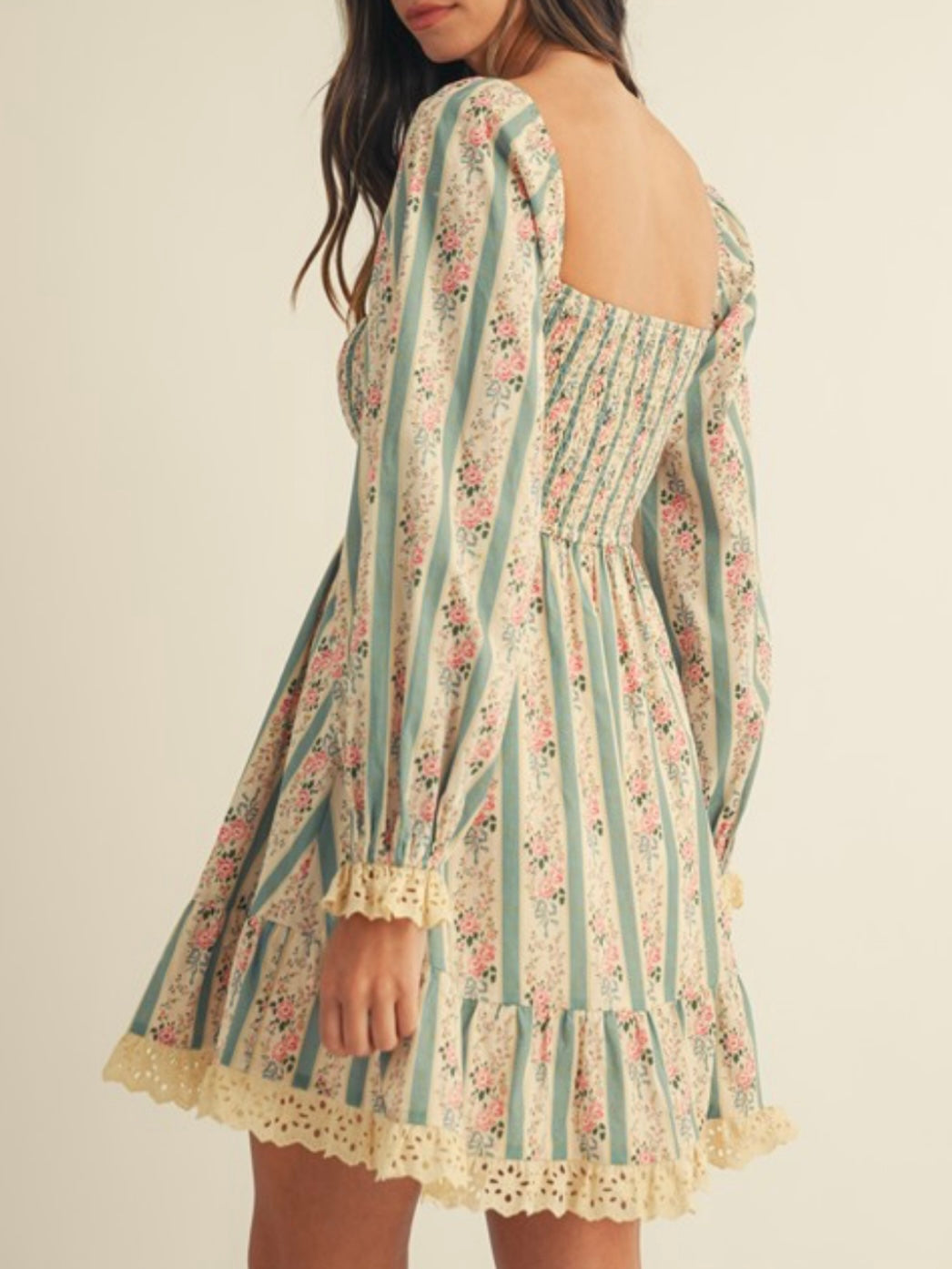 Beige and light blue striped floral printed long sleeves short mini dress