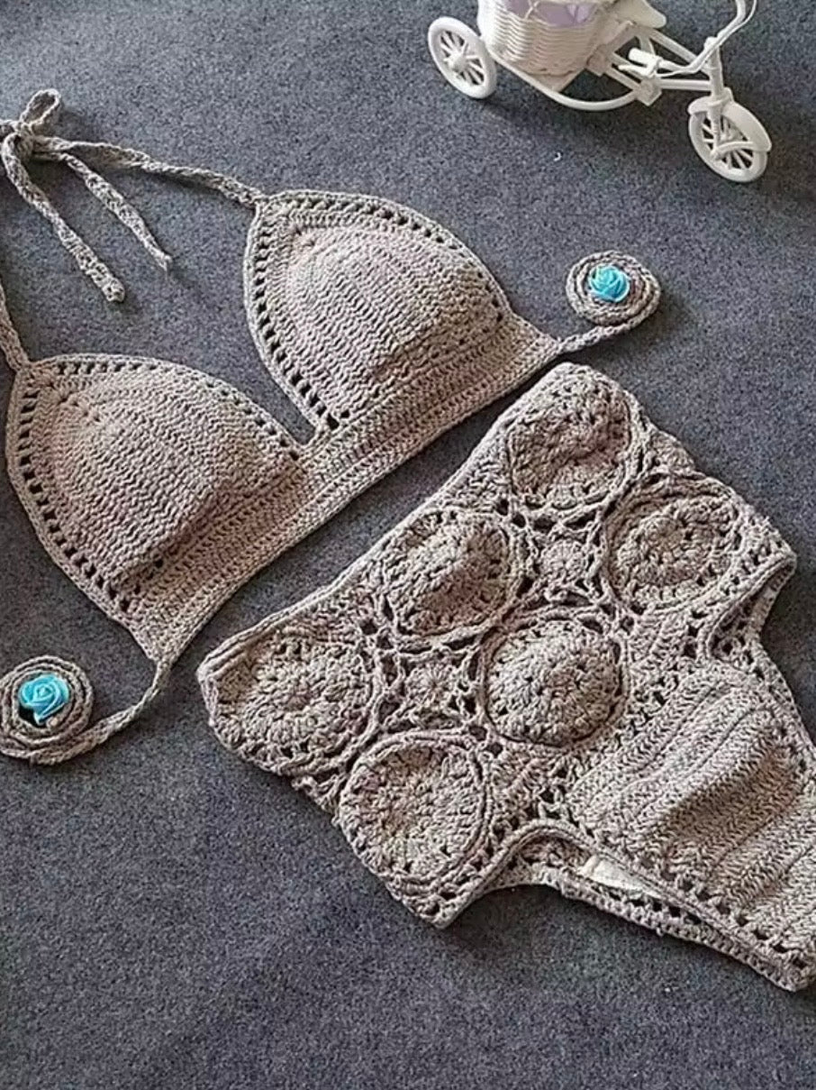 Solid colors crochet straps triangle top and bottom swimwear