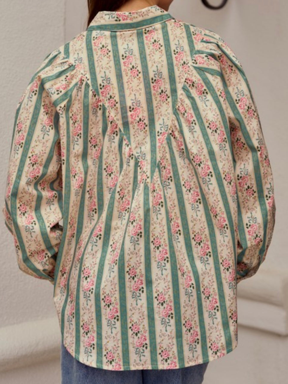 Beige and light blue striped floral printed long sleeves shirt