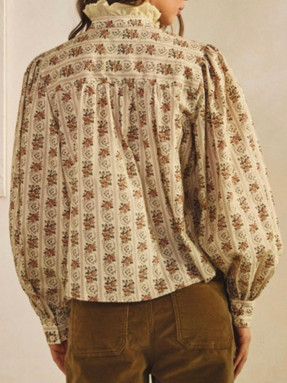Beige striped floral printed long sleeves shirt