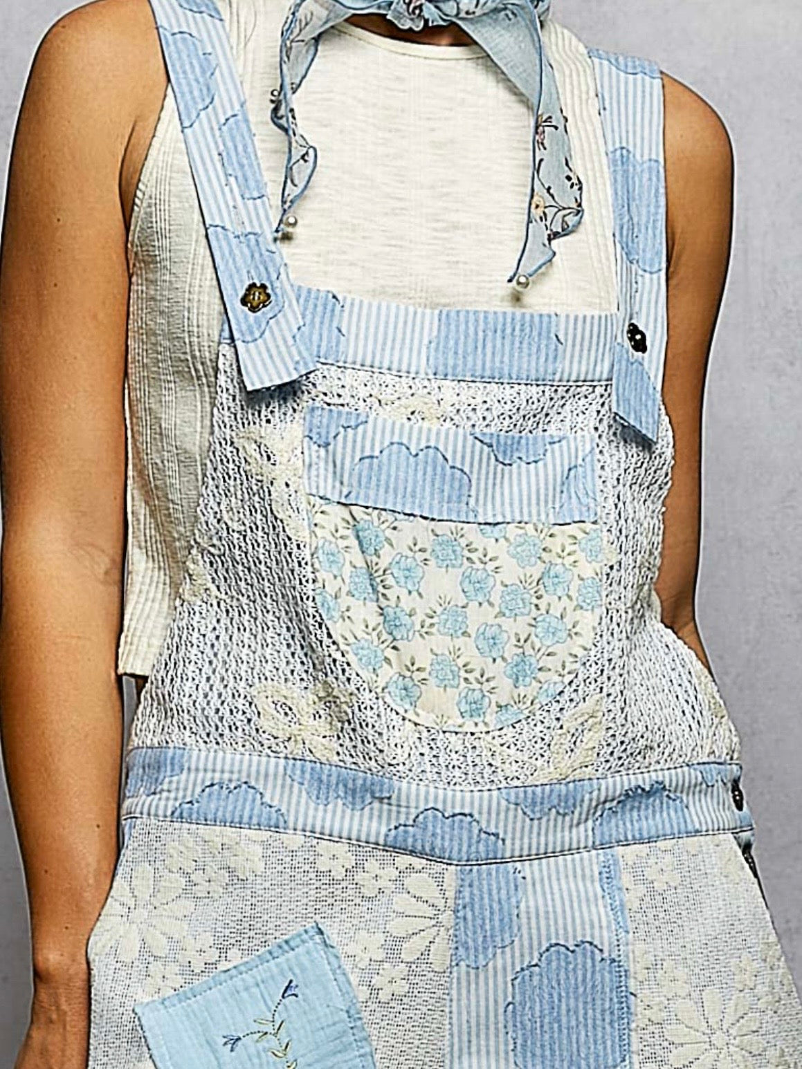 Beige and blue striped floral patchwork crochet jumper