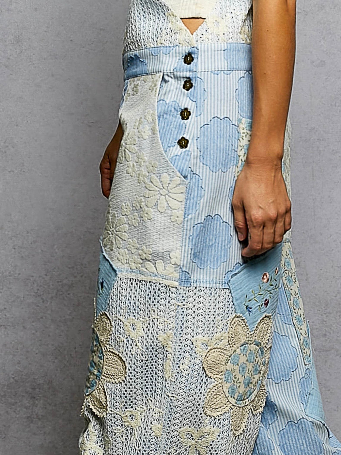 Beige and blue striped floral patchwork crochet jumper