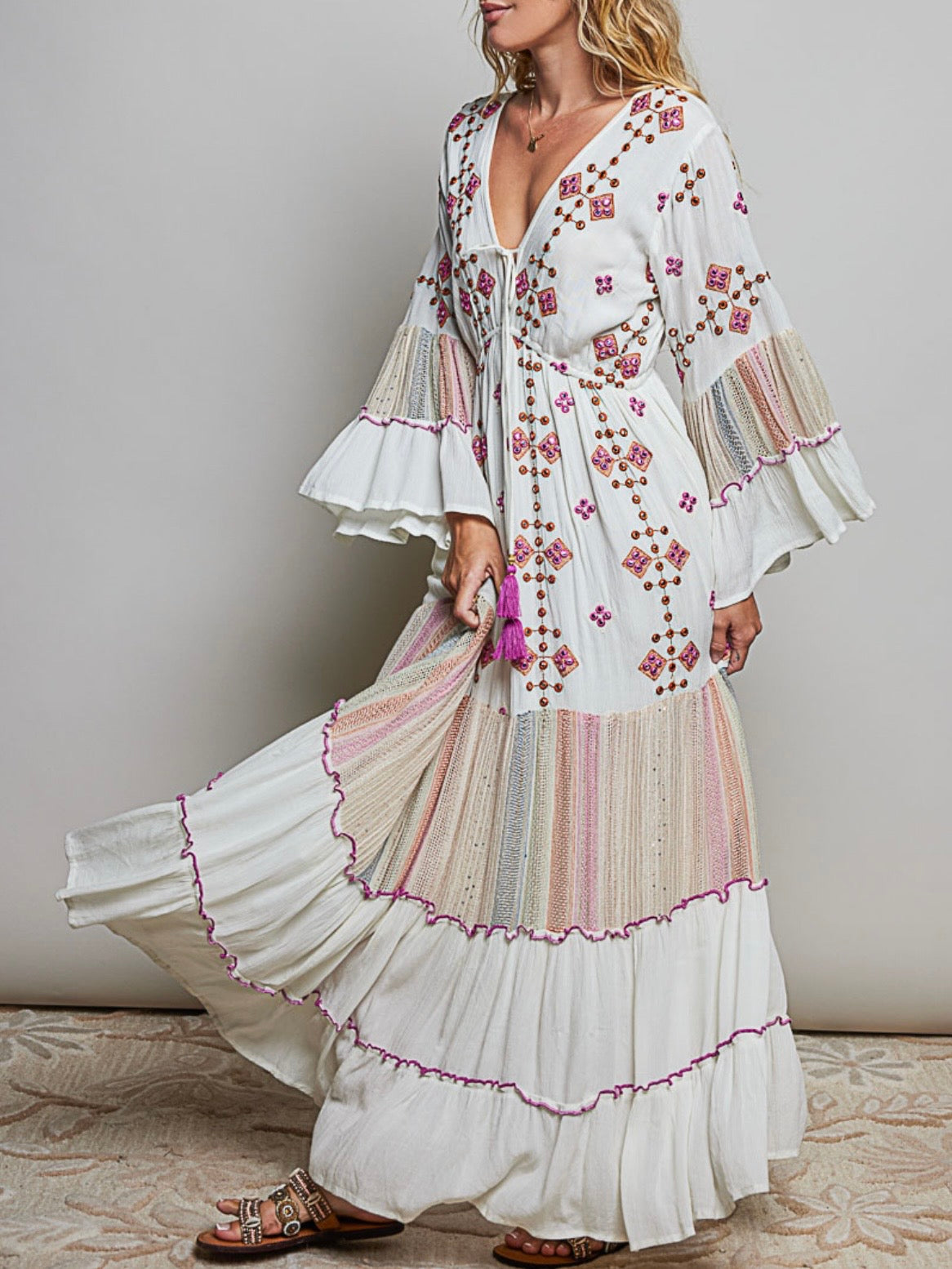 White and fuchsia tied front maxi dress
