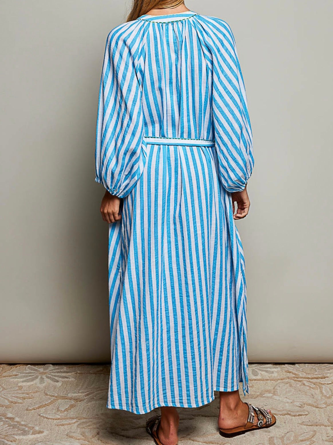 Turquoise striped buttoned front maxi dress