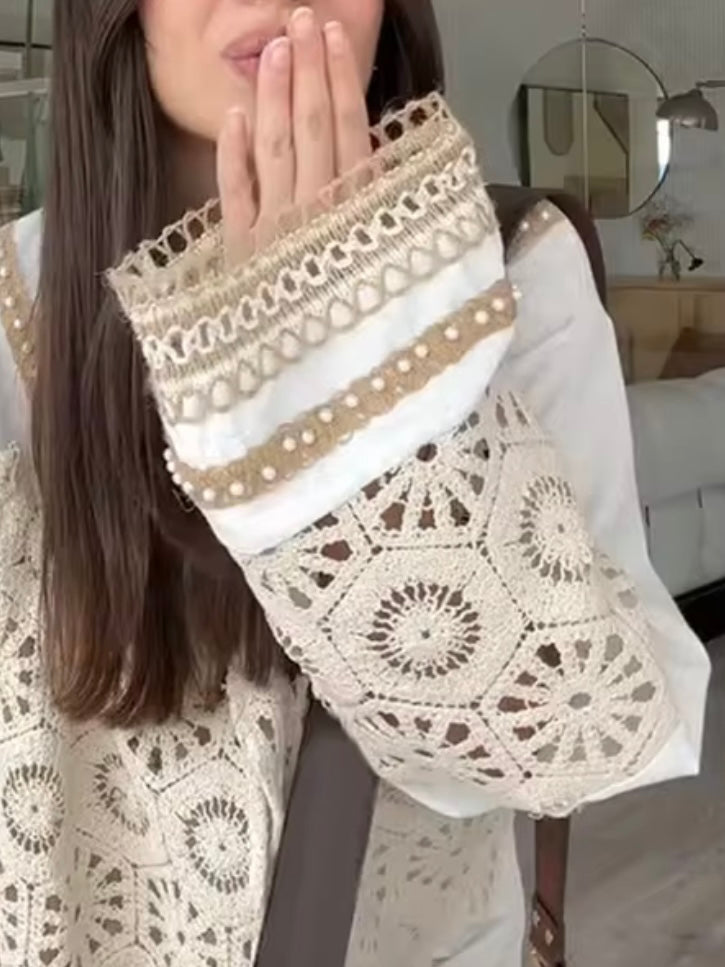 Beige crochet long sleeves set of 2 jacket and pants