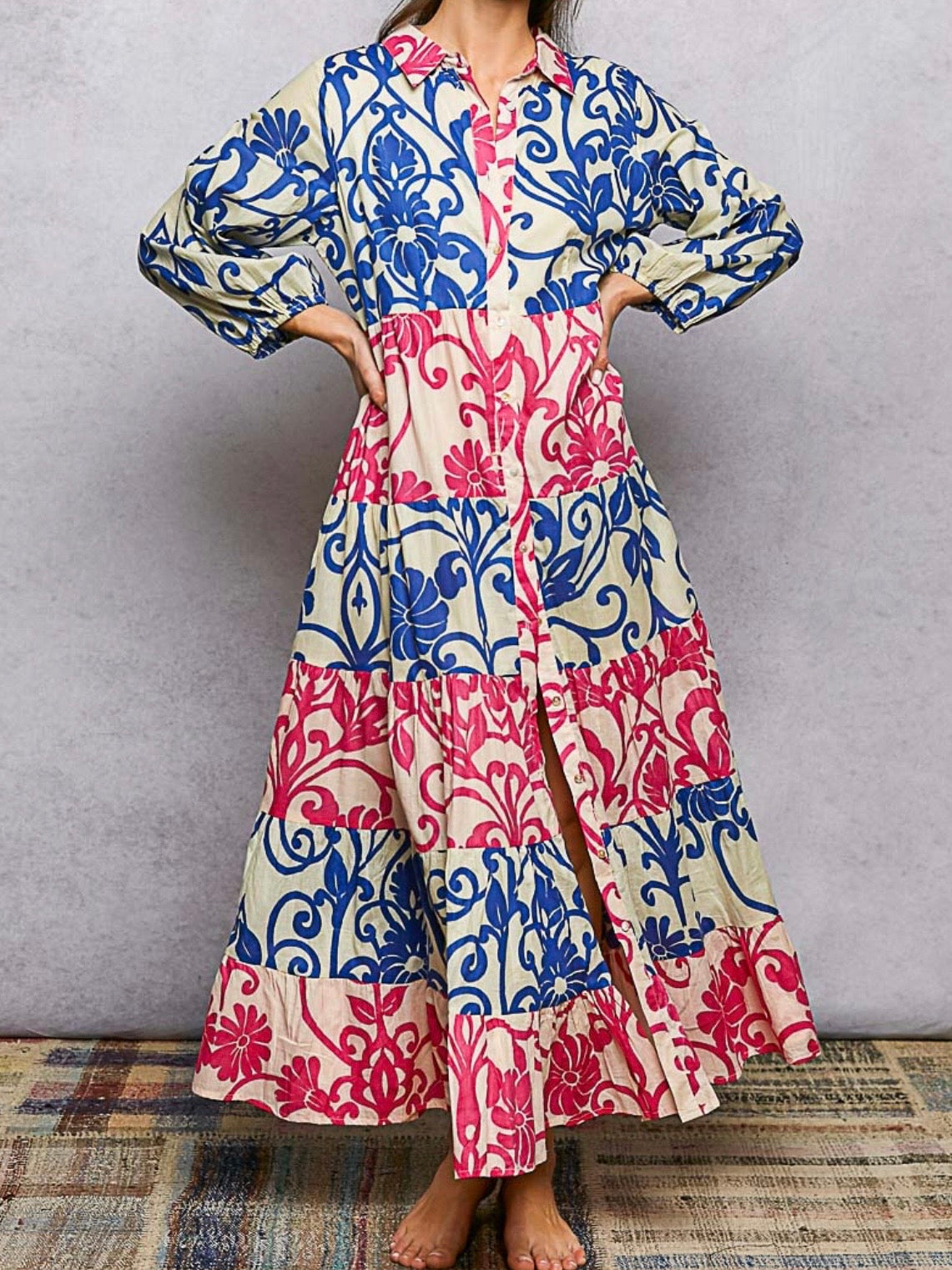 Blue and red white floral midi dress