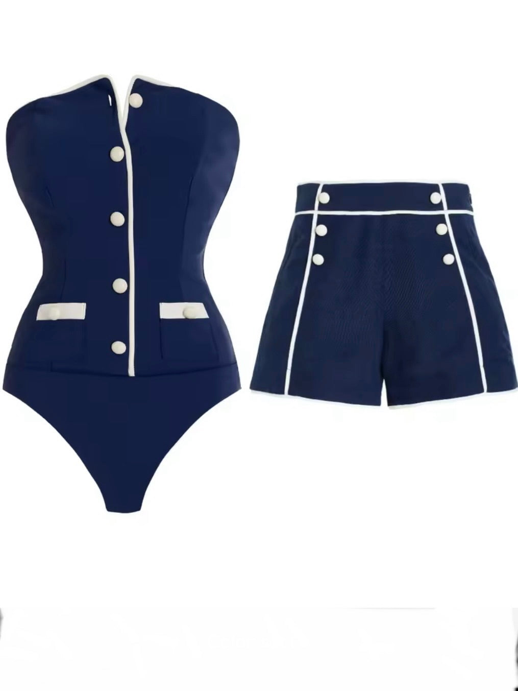 Blue and white buttons one piece strapless swimsuit set short