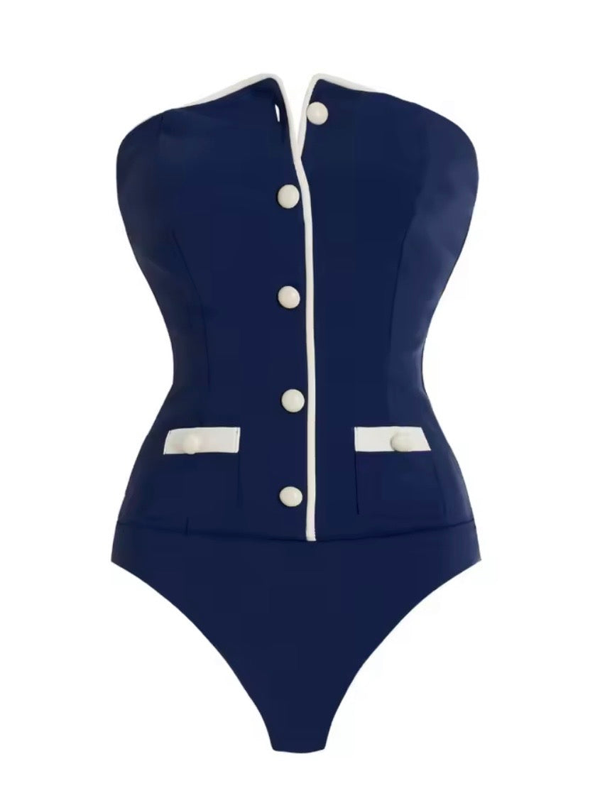 Blue and white buttons one piece strapless swimsuit set short