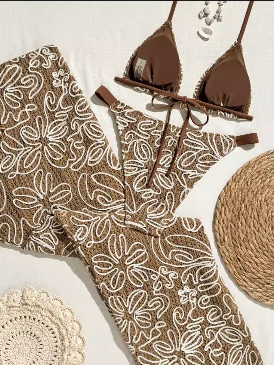 Brown and white straps triangle top and bottom swimwear set pants