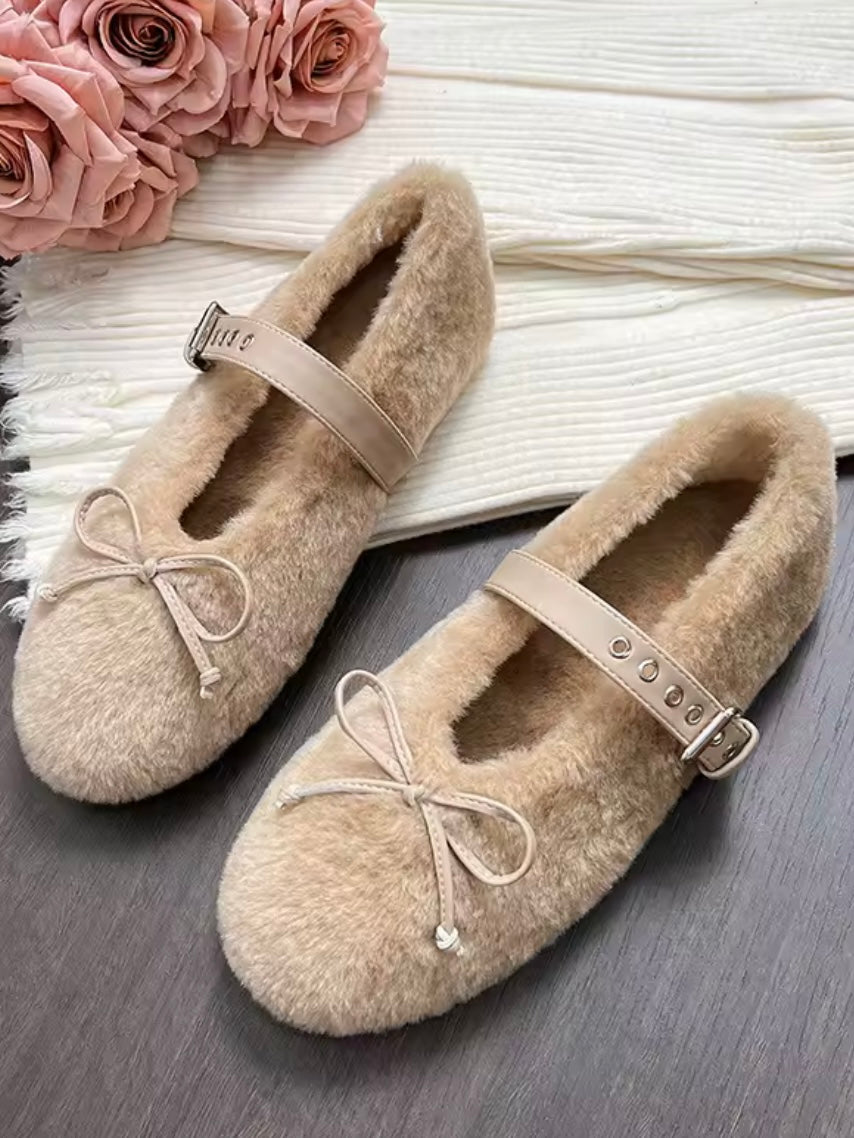 Ballet furry straps flats shoes