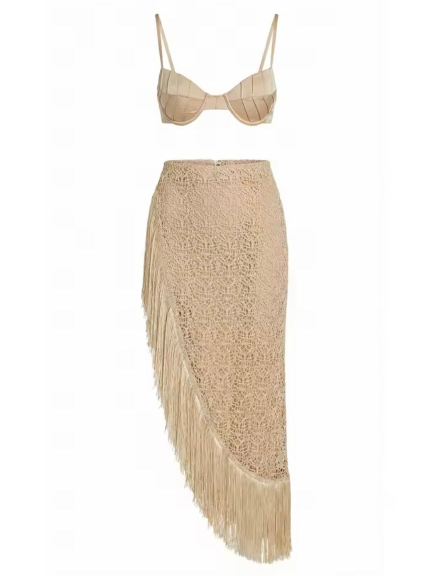 Bronze and Green straps triangle top and bottom swimwear set net coverup skirt