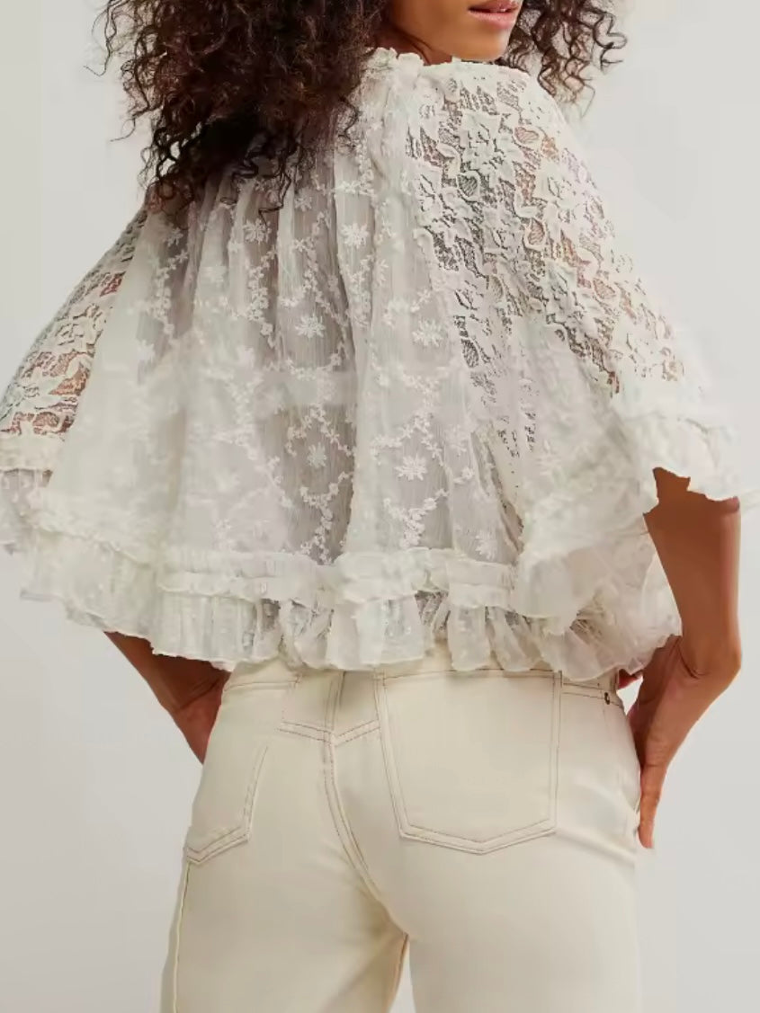 Wide loose fit lace crochet details round neck top