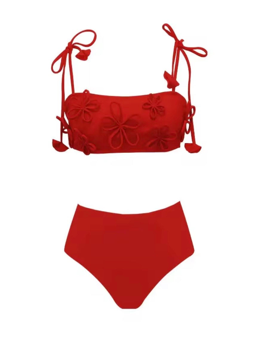 Solid colors floral 3D texture straps triangle top and bottom swimwear