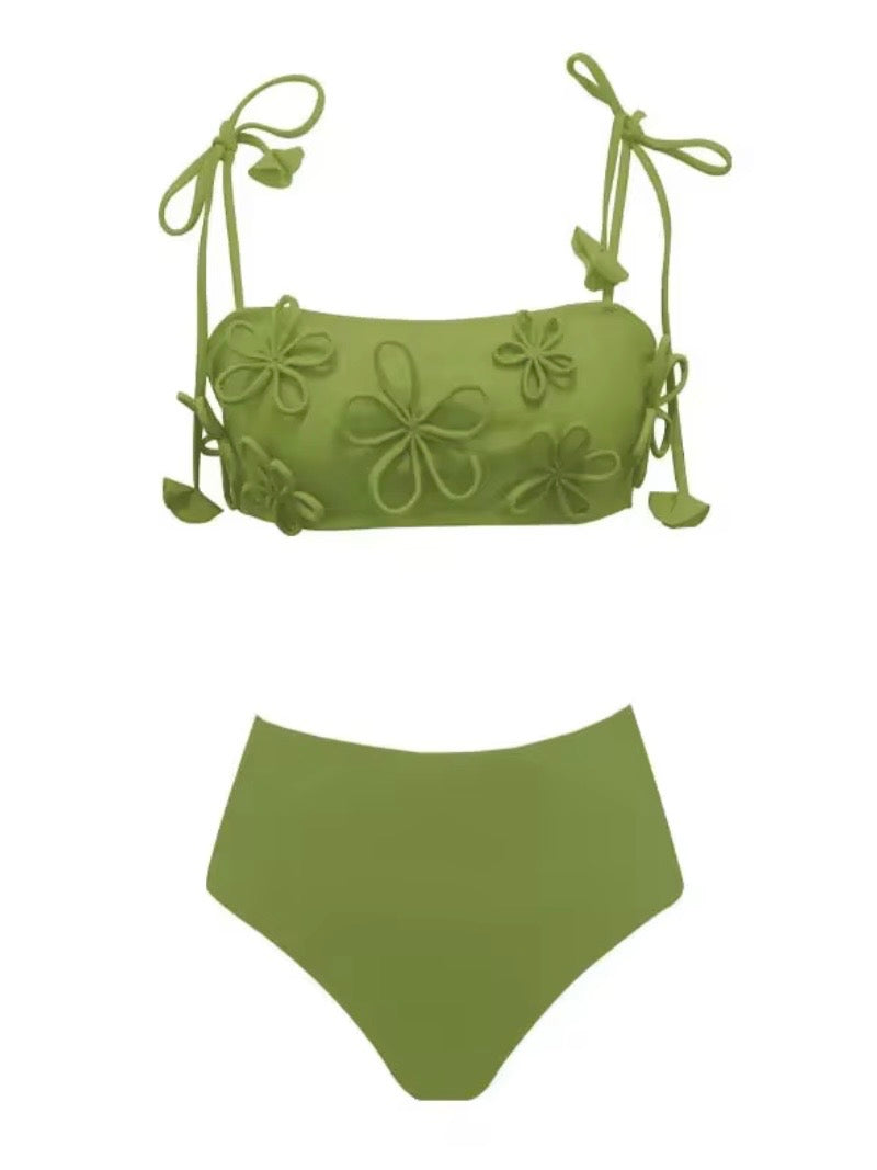 Solid colors floral 3D texture straps triangle top and bottom swimwear