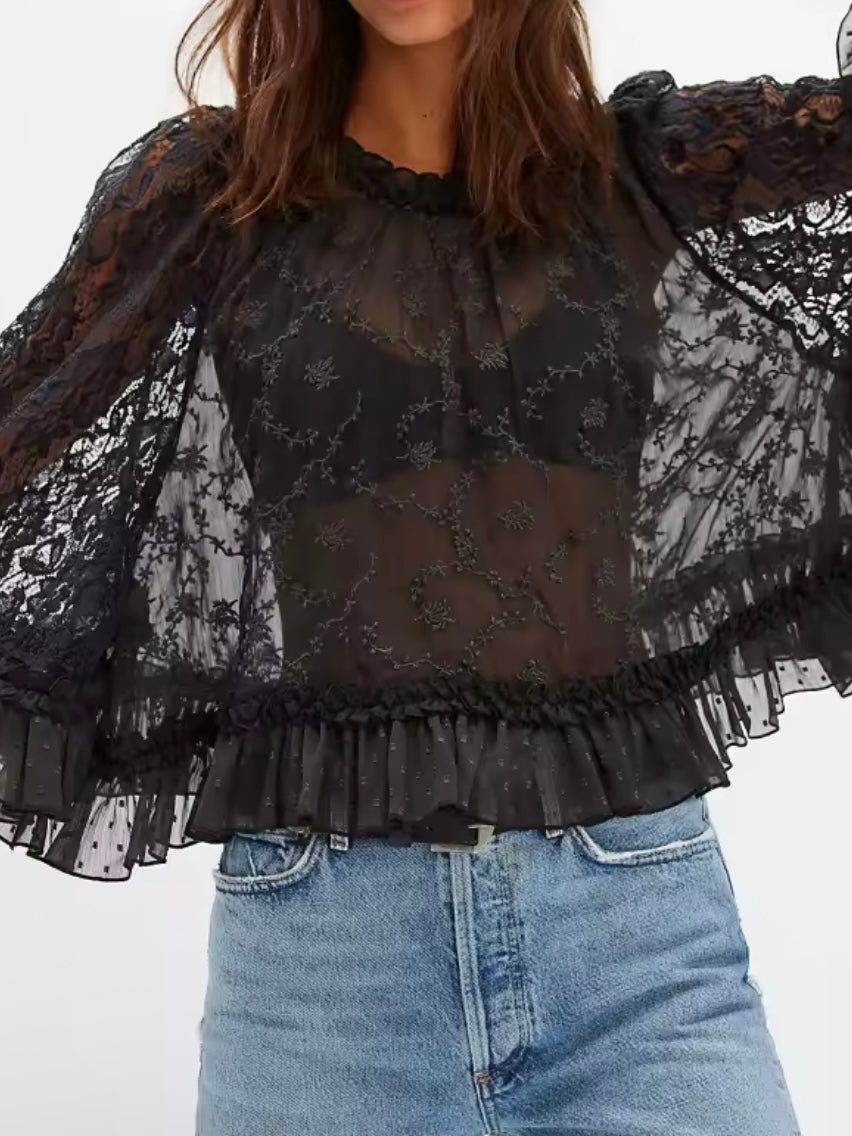 Wide loose fit lace crochet details round neck top
