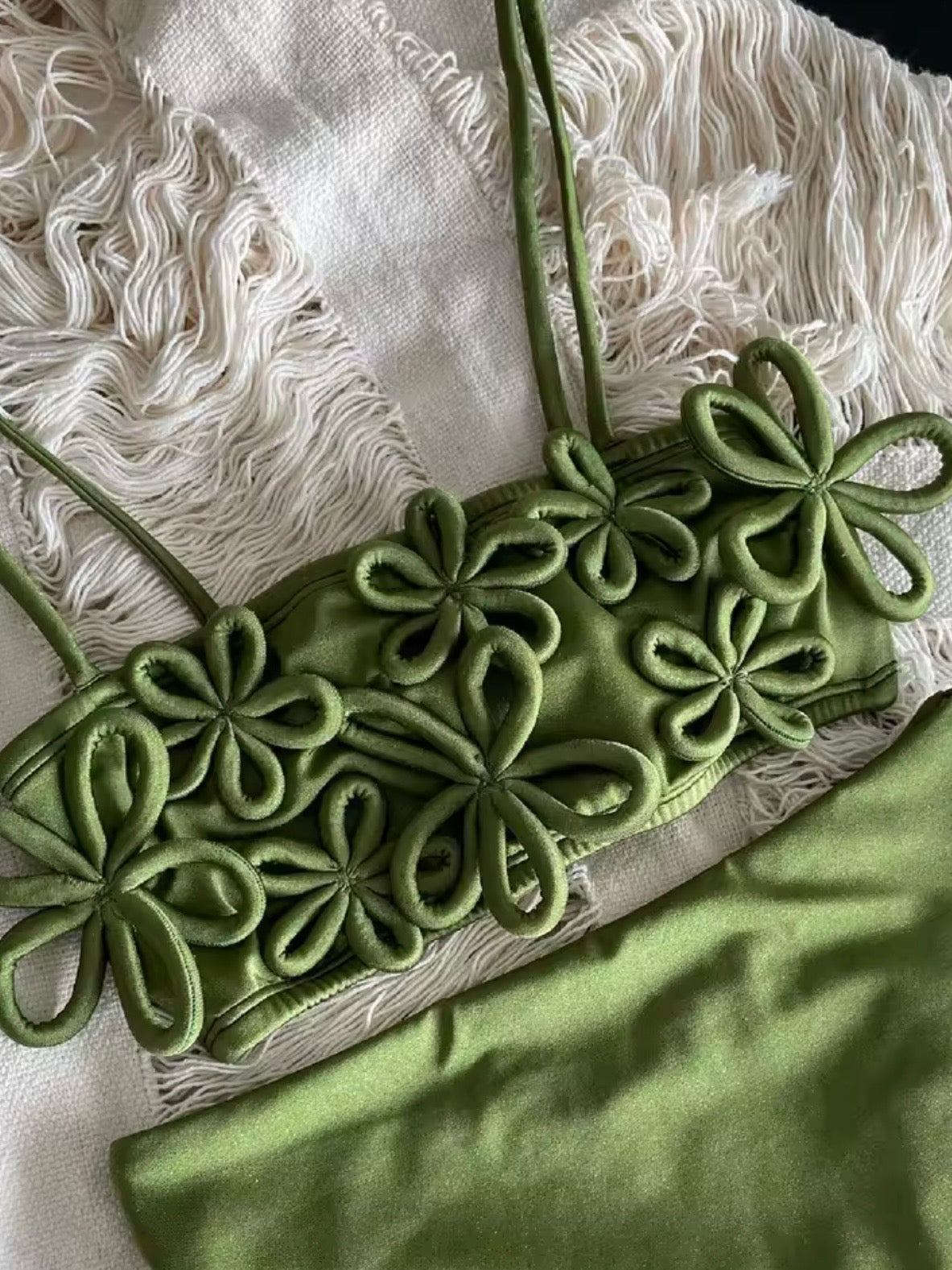 Solid colors floral 3D texture straps triangle top and bottom swimwear