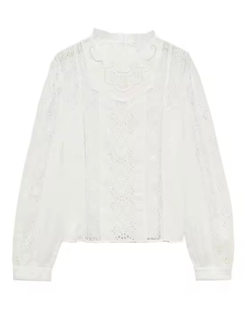 White lace crochet details crew neck top