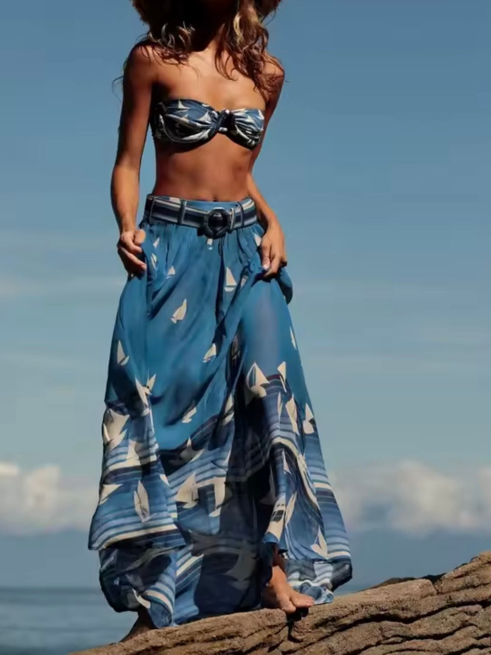 Blue sailing boat printed fabric set of 2 bikini and maxi skirt