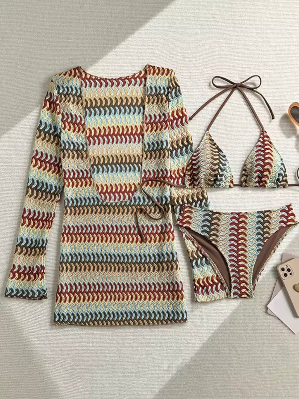 Brown pattern triangle top and bottom swimwear set coverup