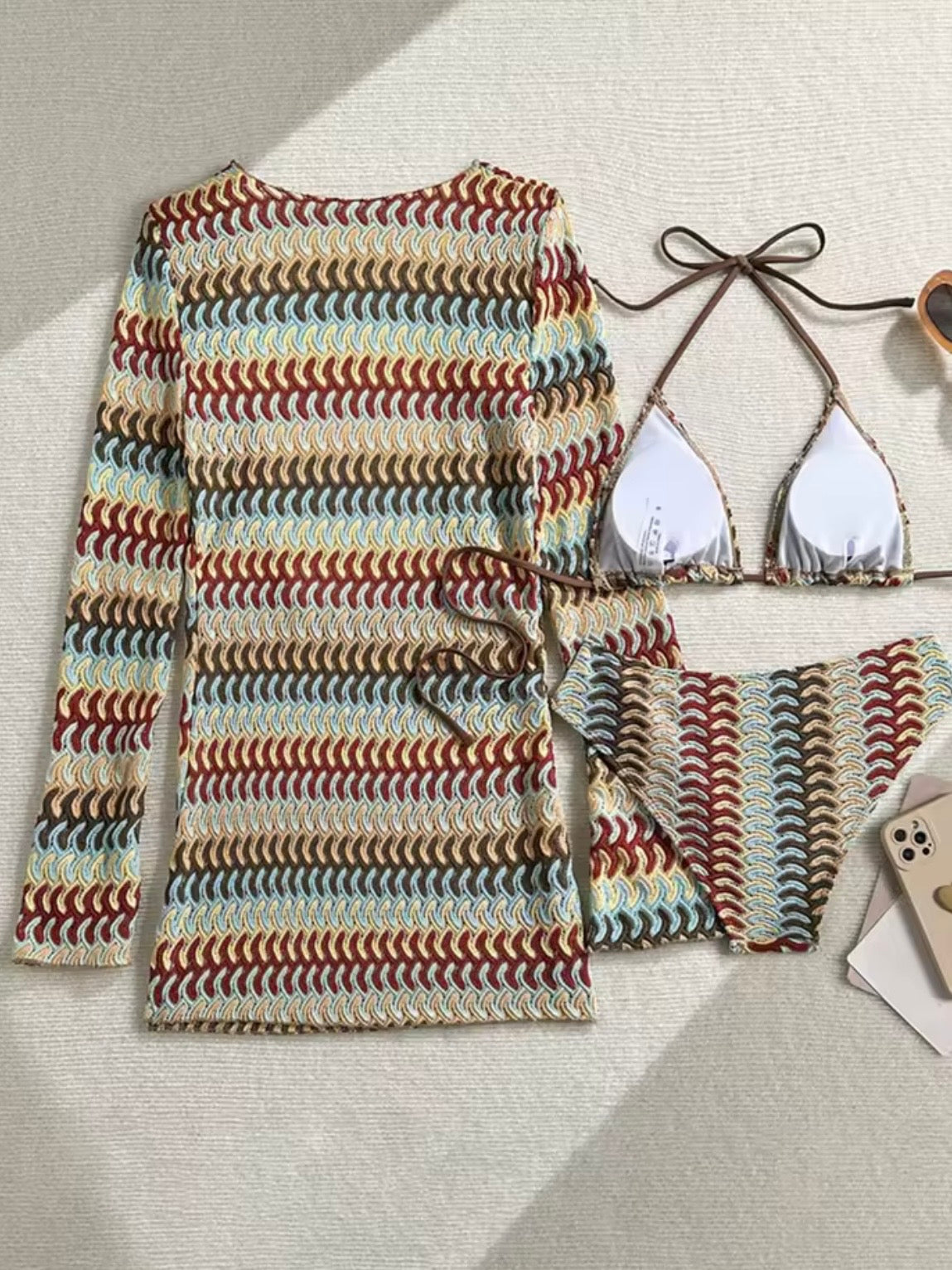 Brown pattern triangle top and bottom swimwear set coverup