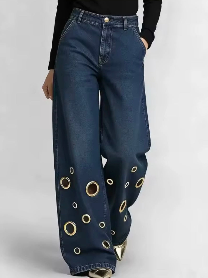 Gold cutout metallic rings denim wide leg Pants