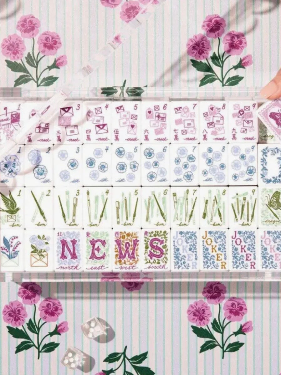 White and burgundy Mail envelope Mahjong tiles set