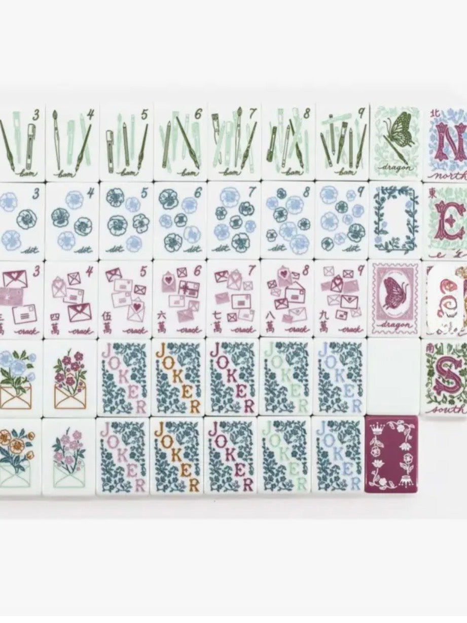 White and burgundy Mail envelope Mahjong tiles set