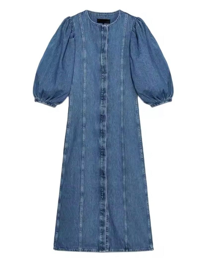 Denim seams puff short sleeves midi dress