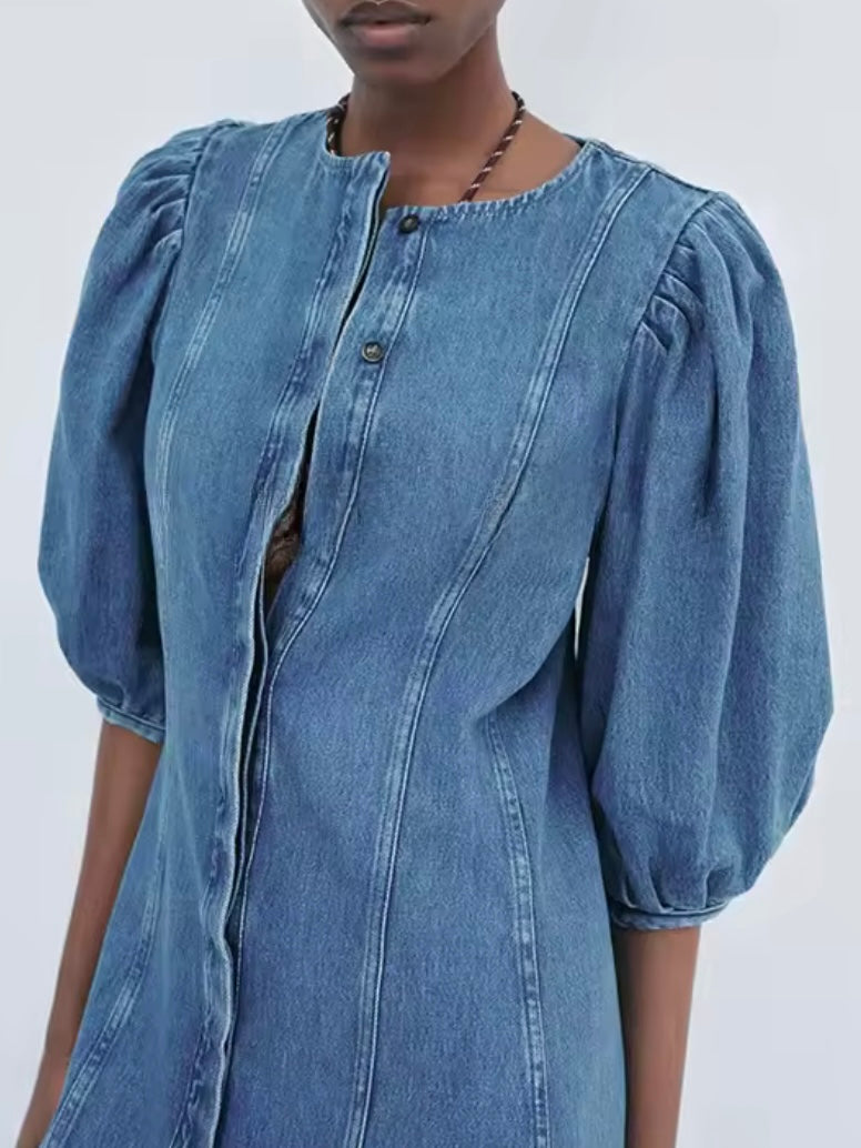 Denim seams puff short sleeves midi dress