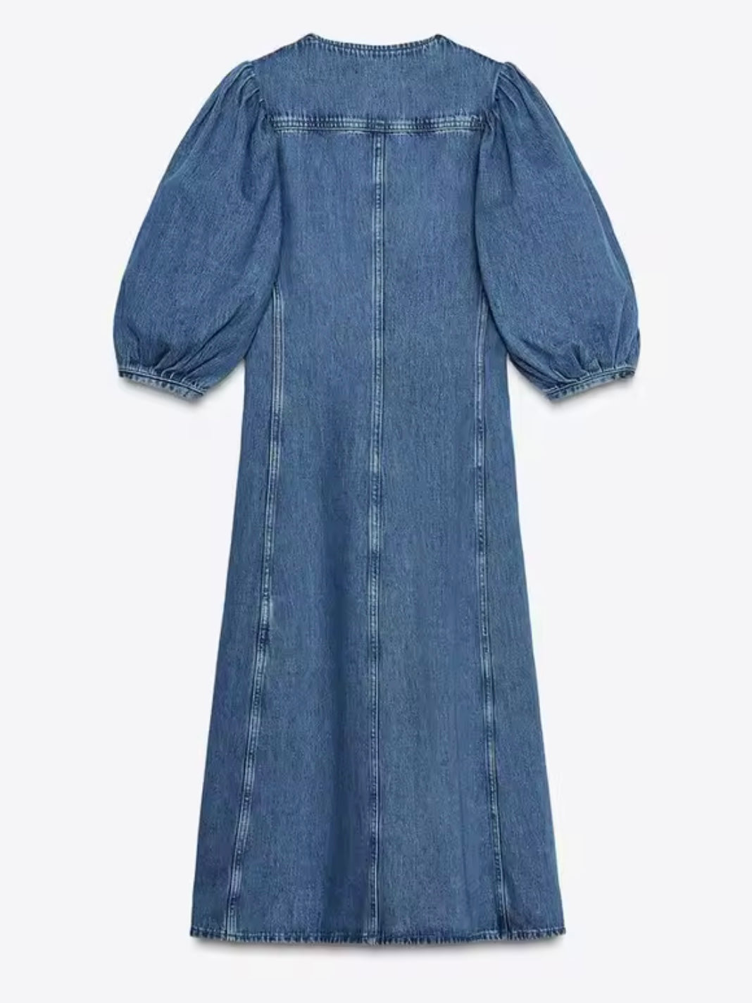 Denim seams puff short sleeves midi dress
