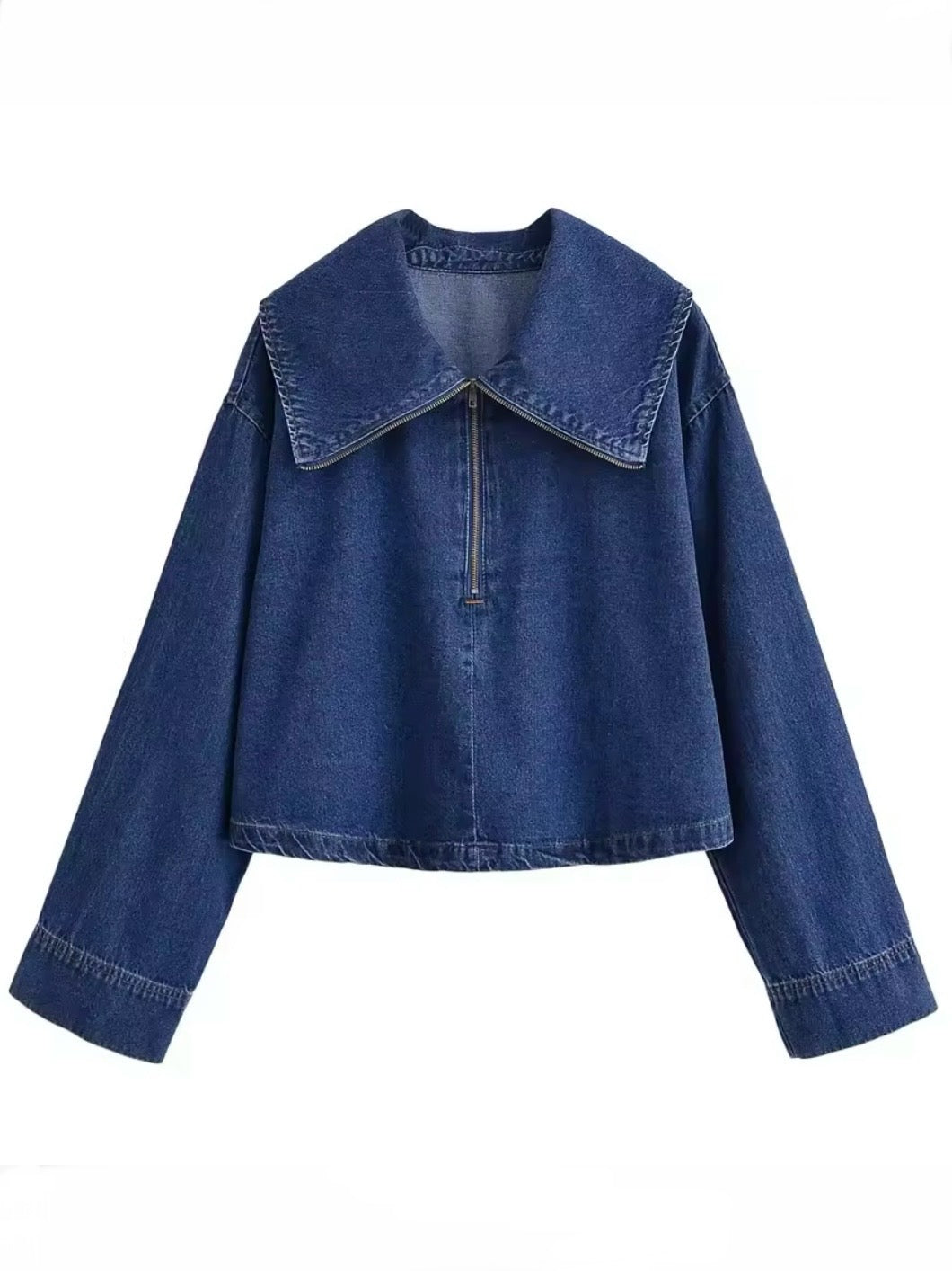 Dark blue denim set of barrel pants and flaps neck top