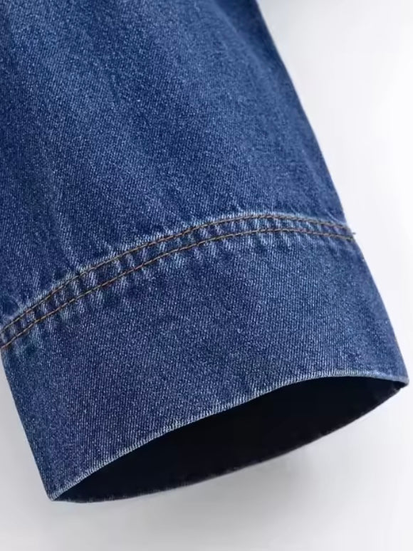 Dark blue denim set of barrel pants and flaps neck top