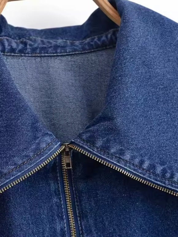 Dark blue denim set of barrel pants and flaps neck top