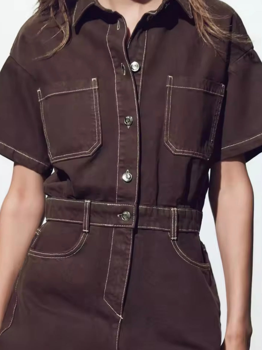 Brown washed denim romper