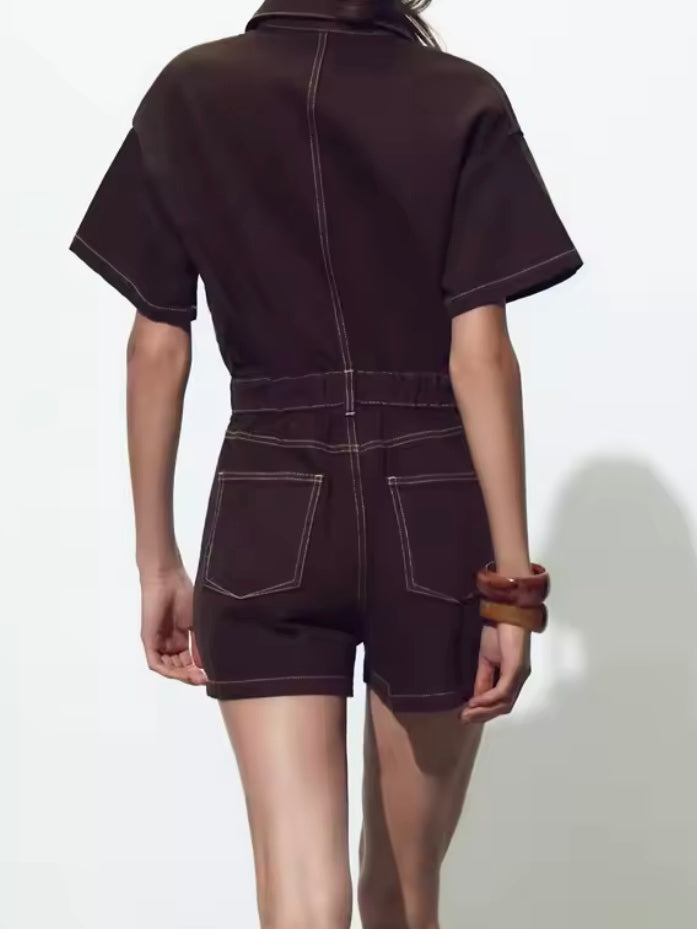 Brown washed denim romper