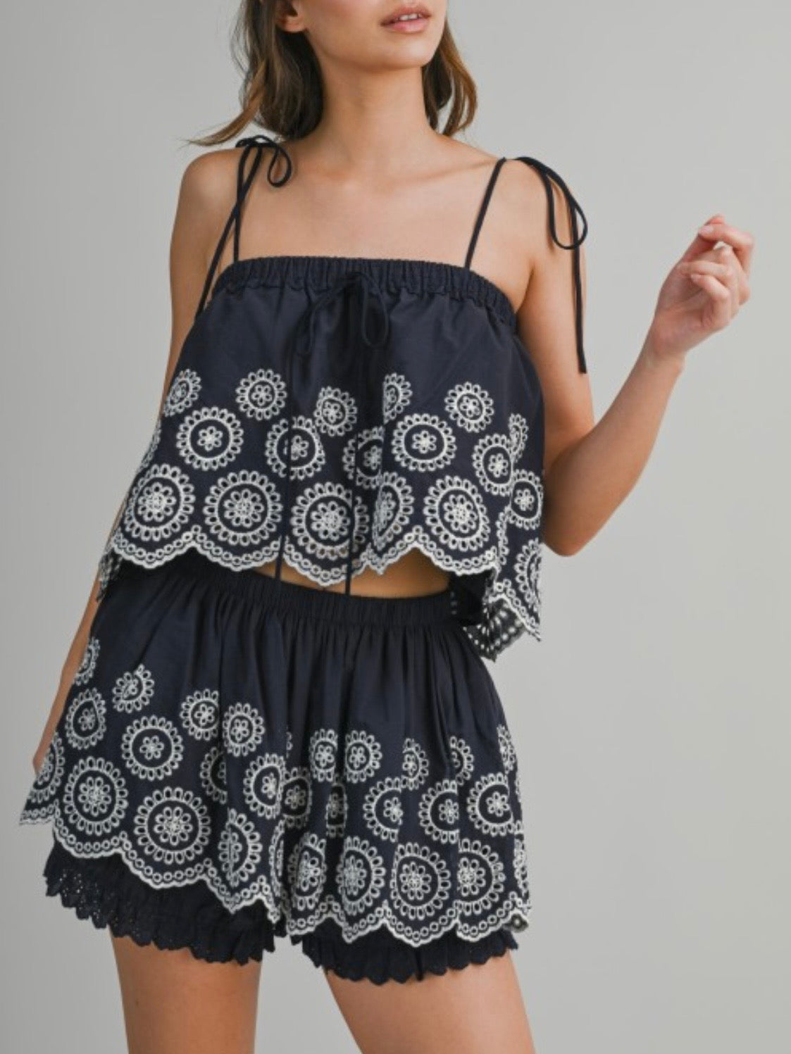 Navy blue and white floral embroidered fabric set of 2 shirt and shorts pants
