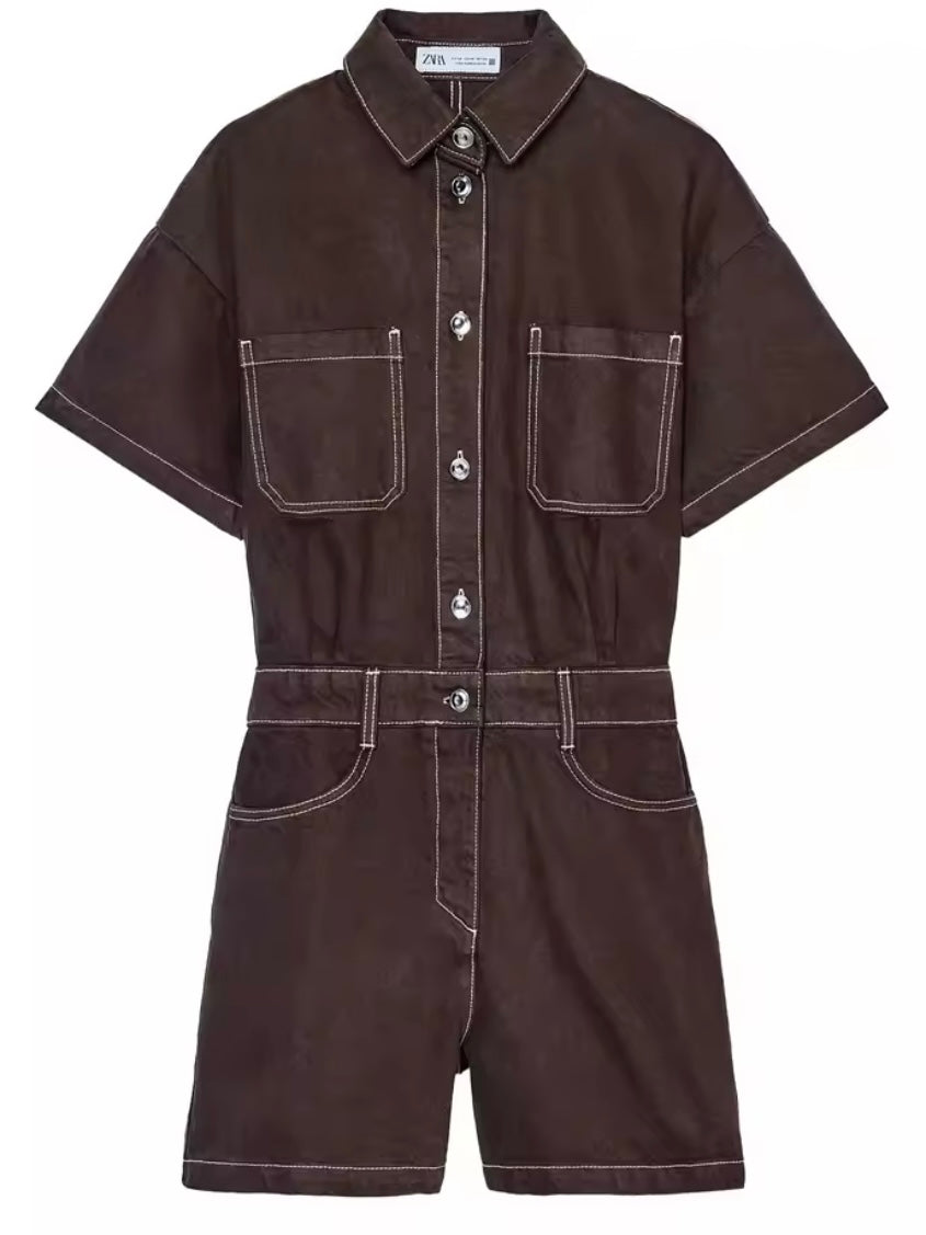 Brown washed denim romper