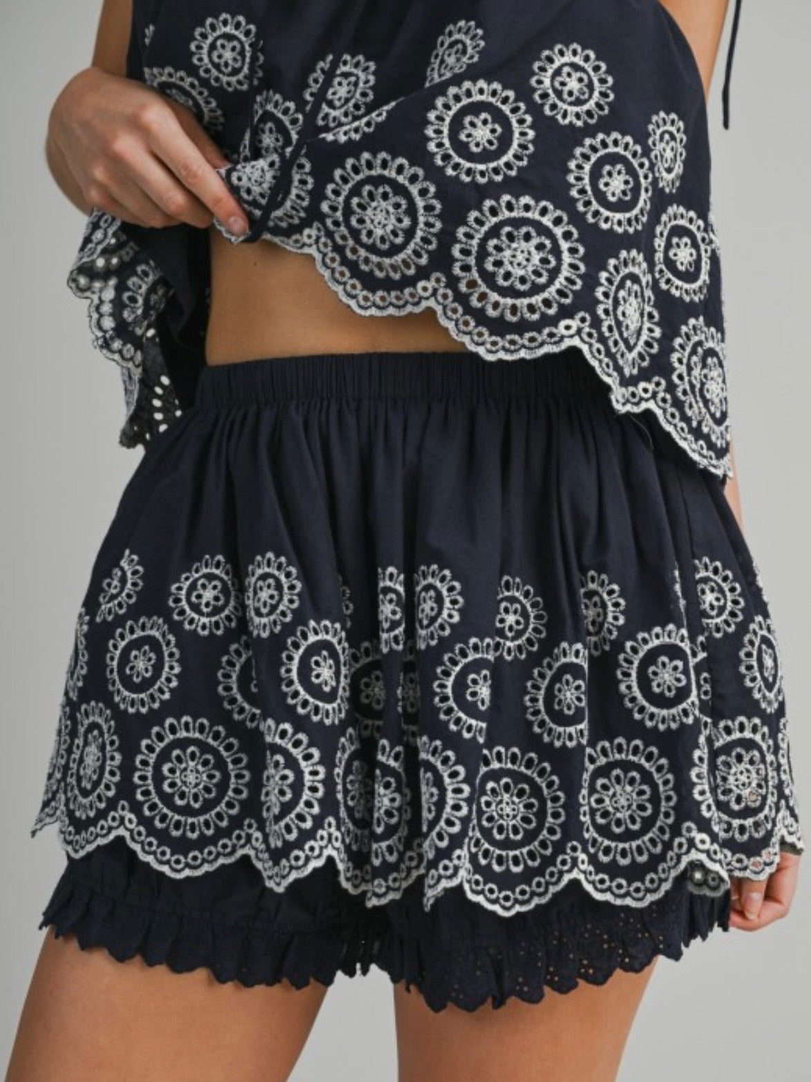 Navy blue and white floral embroidered fabric set of 2 shirt and shorts pants
